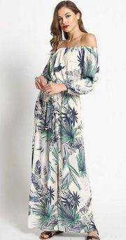 NWT Tropical Palm Print Off Shoulder Maxi Dress 3/4 Sleeve Tie Elastic Waist S