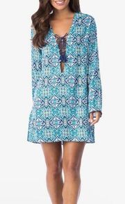 La Blanca Tuvalu Tapa Printed Lace-Up Tunic Cover-Up Blue Size S Green