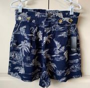 Navy Blue Tropical Print Paper Bag High Waisted Shorts 6