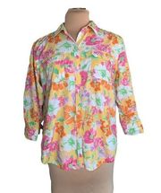 Chaps Button Down Shirt Flower Detail Cotton Yellow Tangerine 3/4  Sleeve