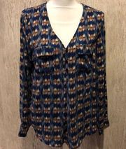Skies Are Blue Half Button Down Patterned Blouse
