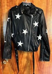 Zenana faux leather star moto belted jacket black size small