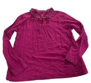 Lands End Shirt Womens X-Large 18-20 Red Purple Long Sleeve Ruffle Neck Cotton