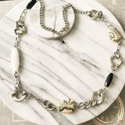 White House Black Market Necklace Silver Toned Black Snakeskin Chain Beaded