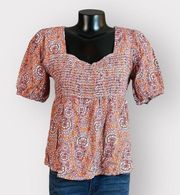 Mason & Belle NWT Womens M Boho Floral Smocked Puff Sleeve Peplum Top NEW Orange