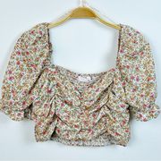 Blush BJ Floral Smocked Crop Balloon 3/4 Sleeve Top Sz L