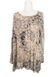 Peruvian Connection Asymmetrical Medallion Tunic Black Tan Print Size M/L