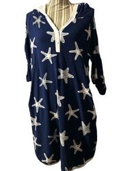 Charlie Paige Starfish Hooded Swimcover Tunic, Navy & White, Size S/M