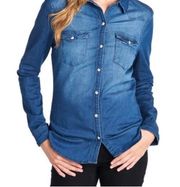 Blue Womens Chambray Denim Regular Button Down Long Sleeve Shirt.