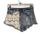 Mind Code Blue Lace Distressed Fringe Cut Off Denim Jean Shorts Women Sz M