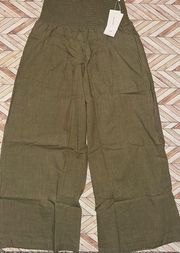 NWT One Size Olive Green Wide Leg Gaucho Casual Full Length Pants