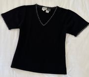 Black Cashmere Embellished V Neck Sweater Short Sleeve asap Saks Fifth Avenue L 