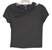 Aqua Shirt Women's Small Black Ribbed Short Sleeve Cutout Asymmetrical Cropped