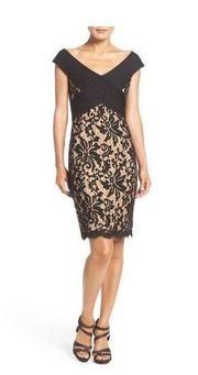 Tadashi Shoji Black Lace Nude Lined knee length Cocktail Party Sheath Dress 4P