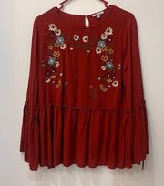 Jodifl boutique embroidered floral rust maroon blouse bell sleeve size L…