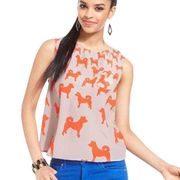 Gianni Bini Dog Tank Top Sleeveless Back Button Detail Brown Orange Novelty Lg