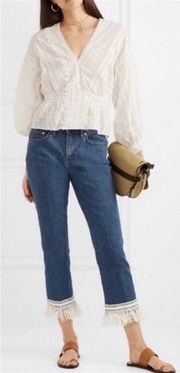 NWT Tory Burch Size 27 Connor Fringe-Bottom Cropped High Rise Jeans Boho Stretch