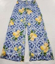 Boston Proper Womens XS Flora Tiles Lemon Parisian Flowy Satin Palazzo Pants