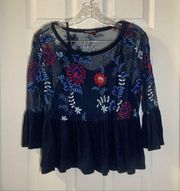 Cha Cha Vente Blue Sheer Embroidered 3/4 Bell Sleeve Blouse S