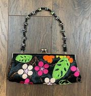 Bijoux Terner Floral Beaded Embroidered Black/Pink/Green Clutch