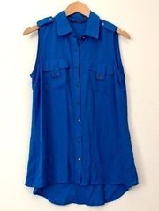 ZAC & RACHEL Solid Bright Blue Utility Button Down Sleeveless High Low Hi-Lo Top