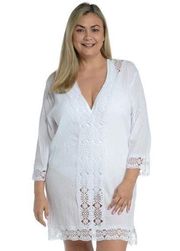 NWT La Blanca XL Island Fare White Tunic Swim Cover Up Crochet Cotton Dress Lace