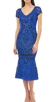 Sz 4 JS Collections Blue & Black Soutache Trumpet Midi Black Tie Dress