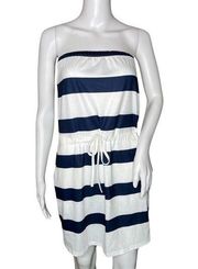 Saukole Dress Womens Small White Navy Blue Striped Blouson Strapless Nautical