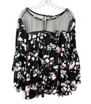Black Multicolored Floral Ruffle Sleeve Mesh Neck Plus Size Top