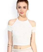 ribbed cold shoulders white stretchable crop top Size Large