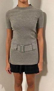 TRINA TURK Gray Wool Knit Mock Neck Short Sleeve Belted Tunic Sweater XS-SM