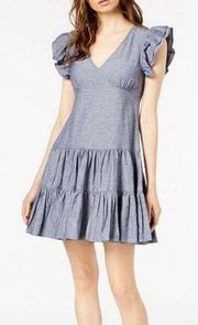 JILL Jill Stuart Dress Blue Chambray Tiered Ruffle Flutter Sleeve Mini Sz M EUC