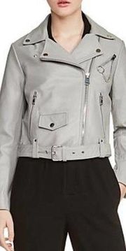 MAJE Bassung Belted Leather Motorcycle Jacket Gray