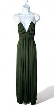 Love… Ady - Green Maxi Dress with Cream Crochet Lace Back - Sz. L