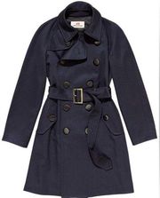 NEW - H&M x COMME des GARÇON 100% wool belted navy blue trench coat, buttons, 6