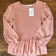 Ellison smocked peplum long sleeve top size small new