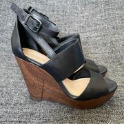 Gianni Bini Aleah Sandals Black Leather Platform Wedge Heels Women’s Size 9