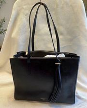 Ted Baker, London, large black leather tote with tassel charm classic capsule