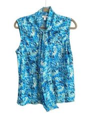 NWT Bar III Sleeveless Blue Print Blouse with Neck Tie. Size Large.