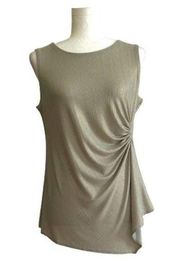 Tahari Blouse Taupe Green Gold Sleeveless Ruched Side Asymmetric Dressy Top XS