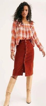 Free People  • Siena Plaid Pullover top blouse orange pink smocked peasant