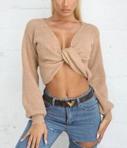 NEW Tiger Mist Revolve Tan Ribbed Knit Crop Wrap Sweater