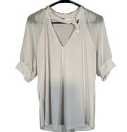 NY & Co 7th Avenue White Short Sheer Sleeve Tie V-Neck Lined Blouse Women Sz L