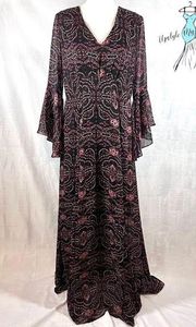 long bell sleeve black pink vneck maxi dress size medium