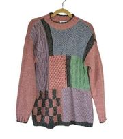 Vintage The Villager Ramie Acrylic Blend Patchwork Pink Knit Sweater Medium