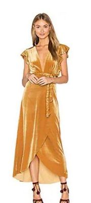 mustard yellow gold wrap short sleeve maxi wrap dress