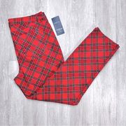 Red Plaid Print Straight Leg Jeans 16