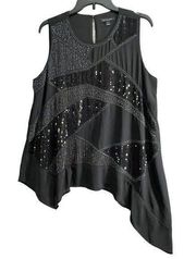 H by Halston Womens Beaded Sequined Top Size L Black Sleeveless Asymmetrical Hem