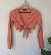 Ribbed Long Sleeve Tie Shrug Coral Cotton Rayon Spandex Stretch Solid Bow