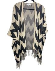 Fate Chevron Striped Open Front Knit Cardigan Sweater Tassels Cream Black Small